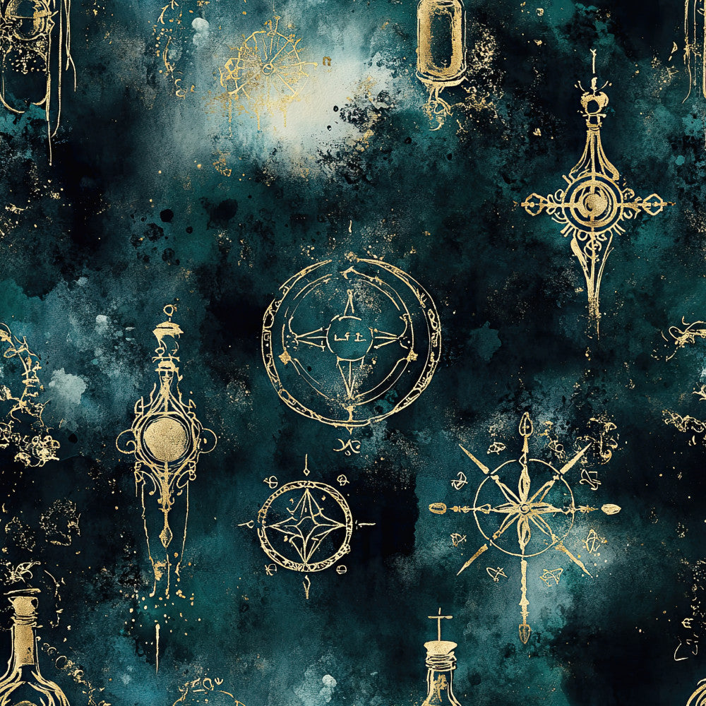 teal, deep teal, dark teal, gold, brass gold, forest green, navy, celestial, vintage, elegant, mystical, occult, alchemy, compass rose, nautical, steampunk, ornate, distressed, grunge, magical, esoteric, tarot, stars, moons, geometric, celestial navigation, antique, gothic, dark academia, boho