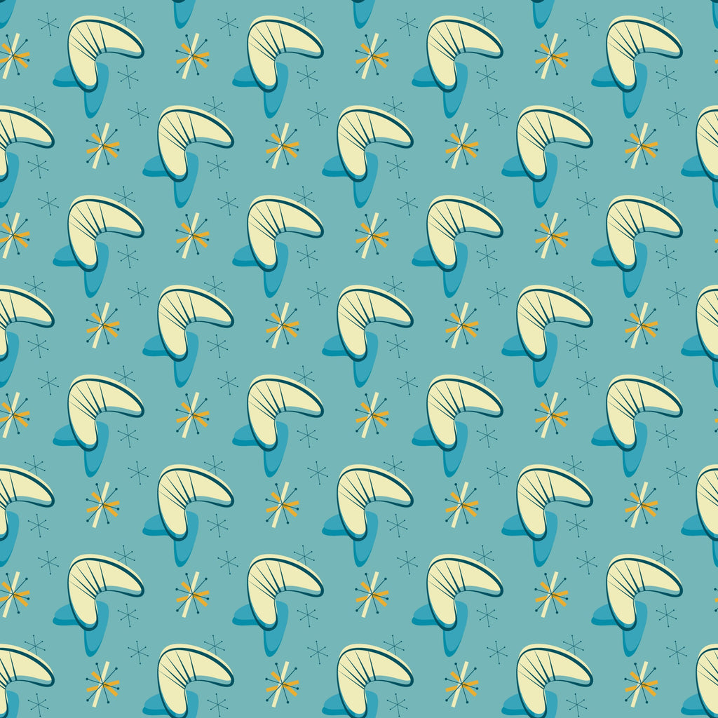 turquoise background, cream colored, yellow orange accents, boomerang shapes, atomic starbursts, mid-century modern, retro design, geometric pattern, 1950s style, space age motifs,, fabric panel, modernist aesthetic, angular shapes, repetitive pattern, atomic era, starburst elements, kidney shapes, vintage inspired, contemporary feel