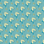 turquoise background, cream colored, yellow orange accents, boomerang shapes, atomic starbursts, mid-century modern, retro design, geometric pattern, 1950s style, space age motifs,, fabric panel, modernist aesthetic, angular shapes, repetitive pattern, atomic era, starburst elements, kidney shapes, vintage inspired, contemporary feel