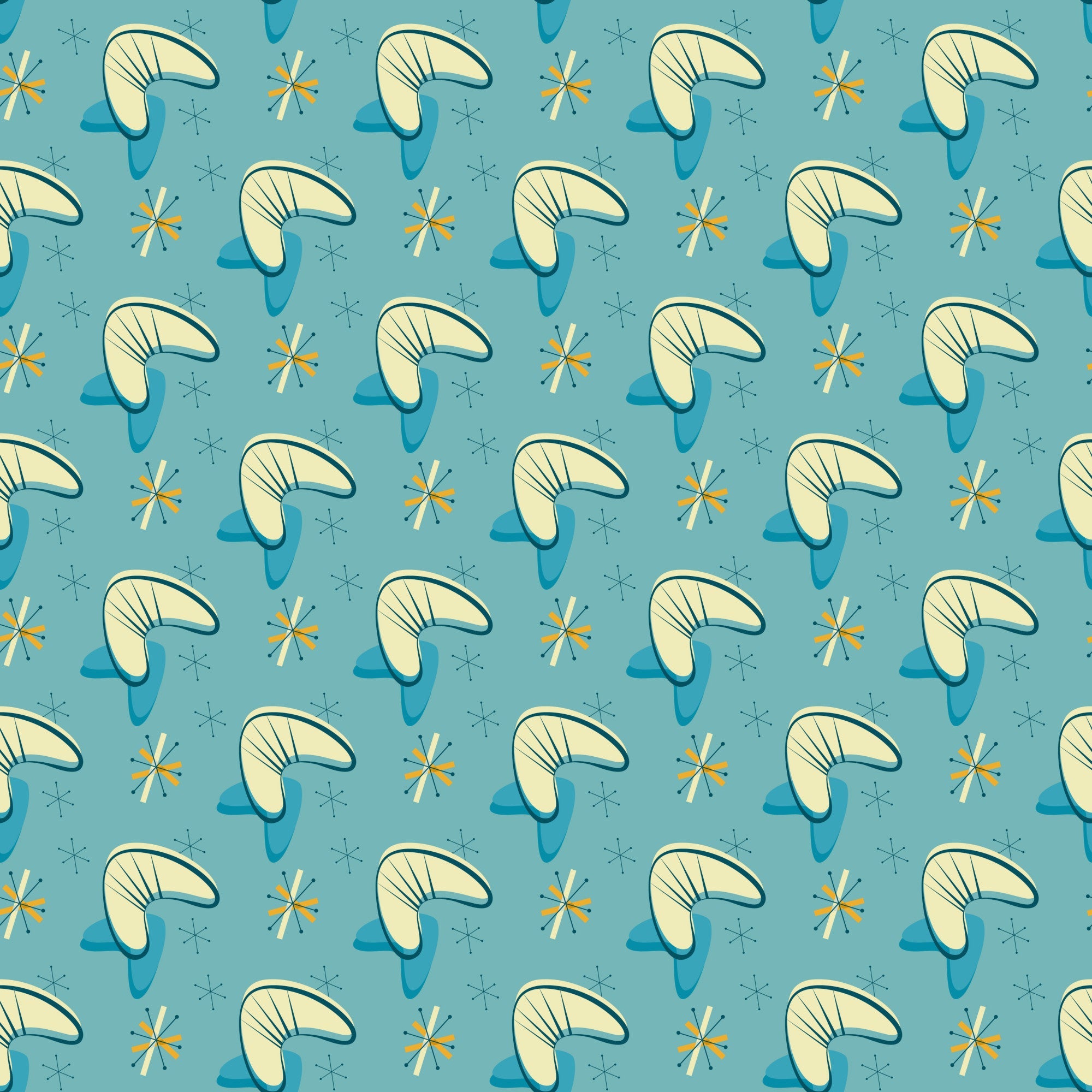 turquoise background, cream colored, yellow orange accents, boomerang shapes, atomic starbursts, mid-century modern, retro design, geometric pattern, 1950s style, space age motifs,, fabric panel, modernist aesthetic, angular shapes, repetitive pattern, atomic era, starburst elements, kidney shapes, vintage inspired, contemporary feel