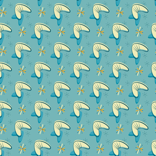 turquoise background, cream colored, yellow orange accents, boomerang shapes, atomic starbursts, mid-century modern, retro design, geometric pattern, 1950s style, space age motifs, quilting cotton, fabric panel, modernist aesthetic, angular shapes, repetitive pattern, atomic era, starburst elements, kidney shapes, vintage inspired, contemporary feel