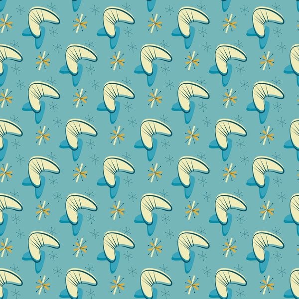 turquoise background, cream colored, yellow orange accents, boomerang shapes, atomic starbursts, mid-century modern, retro design, geometric pattern, 1950s style, space age motifs, quilting cotton, fabric panel, modernist aesthetic, angular shapes, repetitive pattern, atomic era, starburst elements, kidney shapes, vintage inspired, contemporary feel
