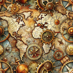 steampunk, old maps, vintage maps, compass roses, gears, clockwork, mechanical elements, bronze, copper, gold, amber, sepia tones, aged parchment, nautical instruments, world continents, antique style,, fabric panel, industrial design, explorer theme
