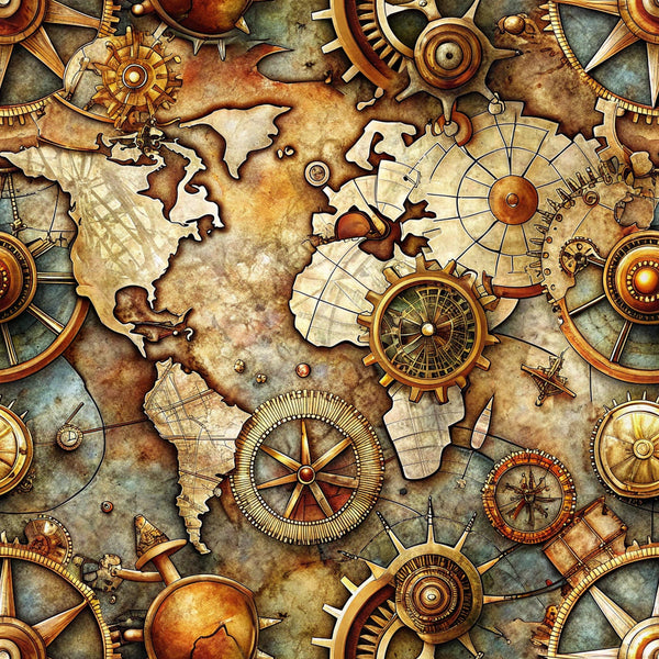 steampunk, old maps, vintage maps, compass roses, gears, clockwork, mechanical elements, bronze, copper, gold, amber, sepia tones, aged parchment, nautical instruments, world continents, antique style,, fabric panel, industrial design, explorer theme