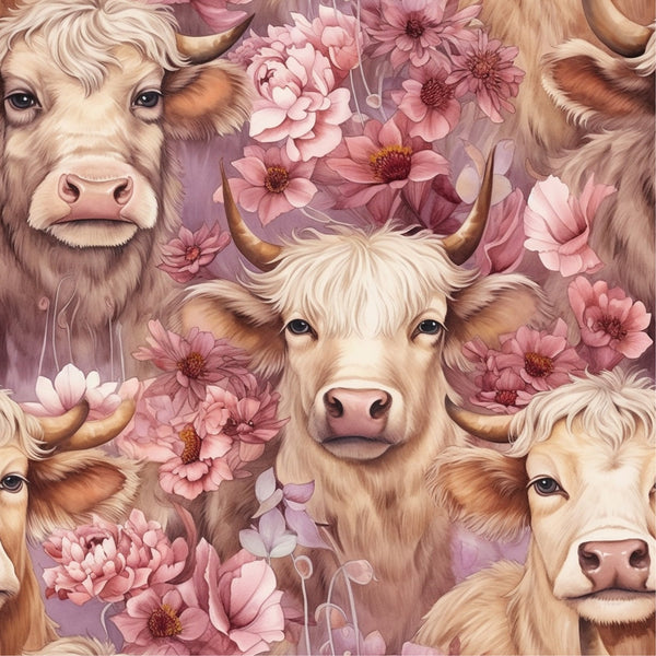highland cows, floral pattern, pink flowers, peach blooms, cream colored, beige tones, rose pink, soft pastels, horned cattle, cow faces, botanical design, repeating pattern,, fabric panel, whimsical art, farmhouse style, country animals, fluffy fur, gentle expression, nature motifs