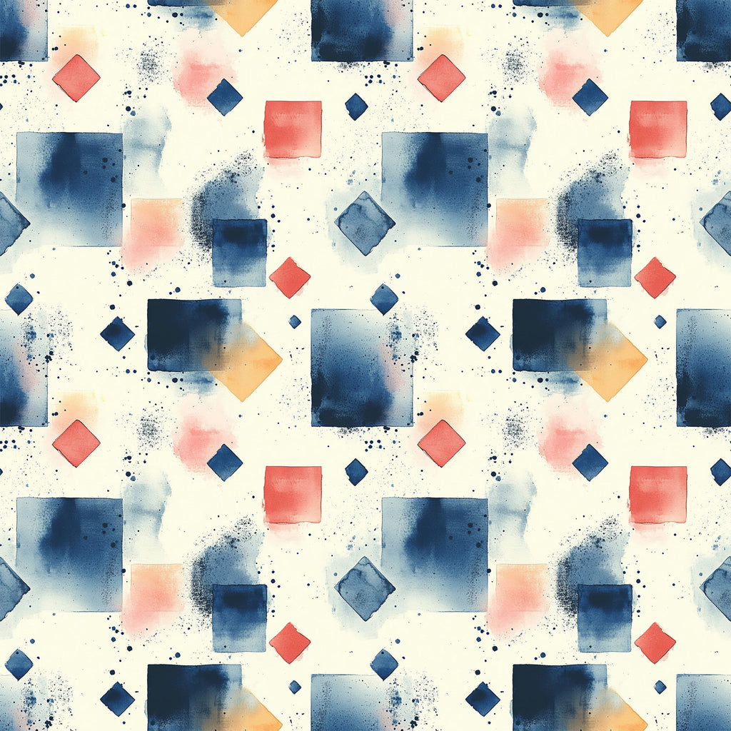 navy blue, coral pink, orange, cream background, geometric shapes, squares, diamonds, watercolor effect, paint splatters, mid century modern, abstract pattern,, fabric panel, contemporary design, scattered dots, artistic brushstrokes, modern geometric, repeating pattern, textile design, crafting fabric