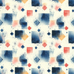 navy blue, coral pink, orange, cream background, geometric shapes, squares, diamonds, watercolor effect, paint splatters, mid century modern, abstract pattern,, fabric panel, contemporary design, scattered dots, artistic brushstrokes, modern geometric, repeating pattern, textile design, crafting fabric