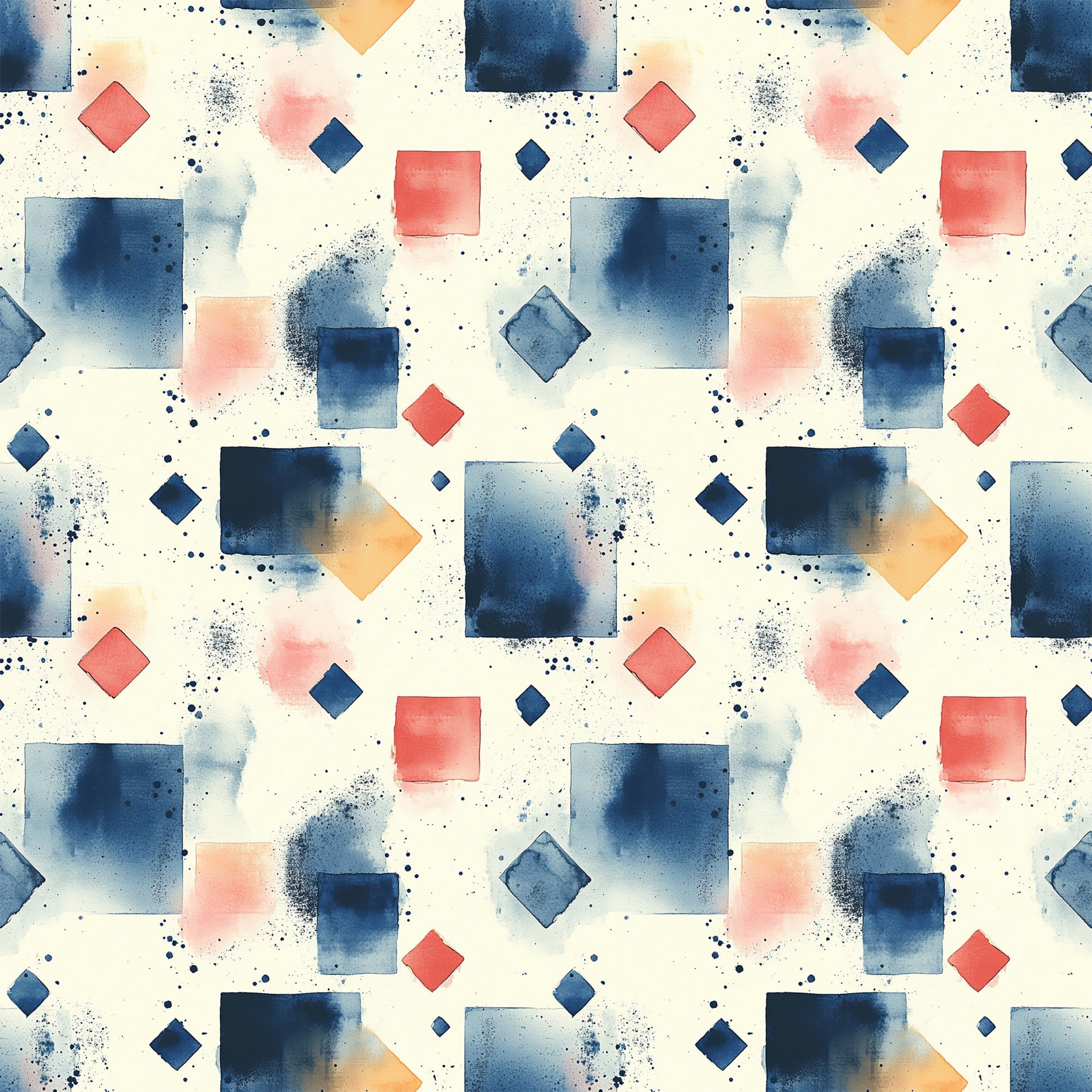 navy blue, coral pink, orange, cream background, geometric shapes, squares, diamonds, watercolor effect, paint splatters, mid century modern, abstract pattern,, fabric panel, contemporary design, scattered dots, artistic brushstrokes, modern geometric, repeating pattern, textile design, crafting fabric
