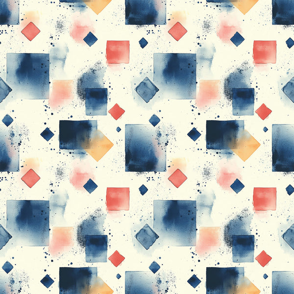 navy blue, coral pink, orange, cream background, geometric shapes, squares, diamonds, watercolor effect, paint splatters, mid century modern, abstract pattern,, fabric panel, contemporary design, scattered dots, artistic brushstrokes, modern geometric, repeating pattern, textile design, crafting fabric