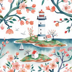 coral pink, sage green, navy blue, watercolor style, lighthouse, cherry blossoms, floral branches, small cottage, sailboat, seagulls, island scene, spring flowers,, fabric panel, whimsical illustration, coastal theme, blooming trees, maritime, peaceful scene, soft pastels
