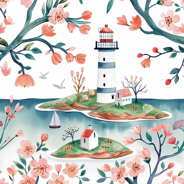 coral pink, sage green, navy blue, watercolor style, lighthouse, cherry blossoms, floral branches, small cottage, sailboat, seagulls, island scene, spring flowers,, fabric panel, whimsical illustration, coastal theme, blooming trees, maritime, peaceful scene, soft pastels