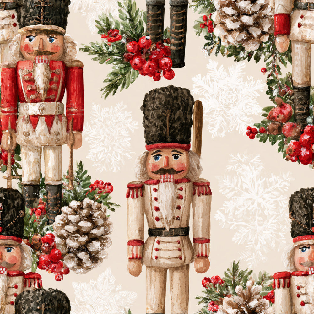 nutcracker, christmas, holiday, red, cream, ivory, beige, forest green, dark green, vintage, traditional, festive, whimsical, nutcracker soldier, berries, holly, pinecones, frosted, snow-dusted, red berries, evergreen, seasonal, winter, christmas decor, kids room, nursery, playroom, toy soldier, decorative, elegant