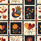 autumn colors, folk art,, fabric panel, bird motif, floral designs, heart shapes, orange, burgundy, navy blue, cream background, decorative borders, thanksgiving theme, harvest motifs, patchwork squares, botanical illustrations, warm color palette, rustic style, fall season, cottage core
