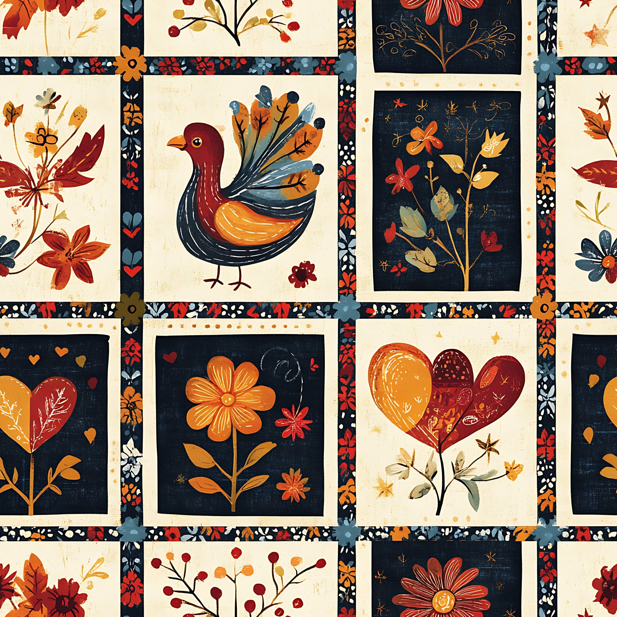 autumn colors, folk art,, fabric panel, bird motif, floral designs, heart shapes, orange, burgundy, navy blue, cream background, decorative borders, thanksgiving theme, harvest motifs, patchwork squares, botanical illustrations, warm color palette, rustic style, fall season, cottage core