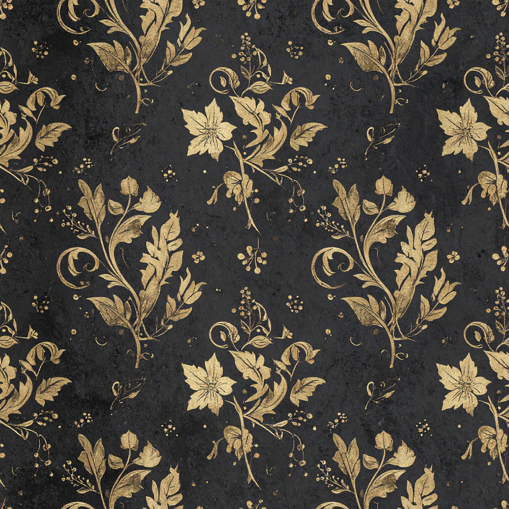 charcoal black, gold, cream, vintage floral, botanical, damask, ornamental, elegant, romantic, traditional, nature, flowers, leaves, scrolls, berries, delicate, timeless, classic, luxury, sophisticated, dark background, metallic accents, jacobean, victorian, heritage, ornate, decorative arts, antique inspired