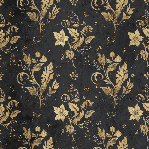 charcoal black, gold, cream, vintage floral, botanical, damask, ornamental, elegant, romantic, traditional, nature, flowers, leaves, scrolls, berries, delicate, timeless, classic, luxury, sophisticated, dark background, metallic accents, jacobean, victorian, heritage, ornate, decorative arts, antique inspired