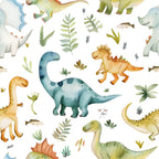 watercolor dinosaurs, prehistoric creatures, soft pastels, sage green, dusty blue, warm orange, cream background, botanical elements, fern leaves, palm fronds, gentle watercolor style,, fabric panel, children's theme, nursery design, whimsical illustration, nature motifs, seamless pattern, soft textures, playful dinosaurs