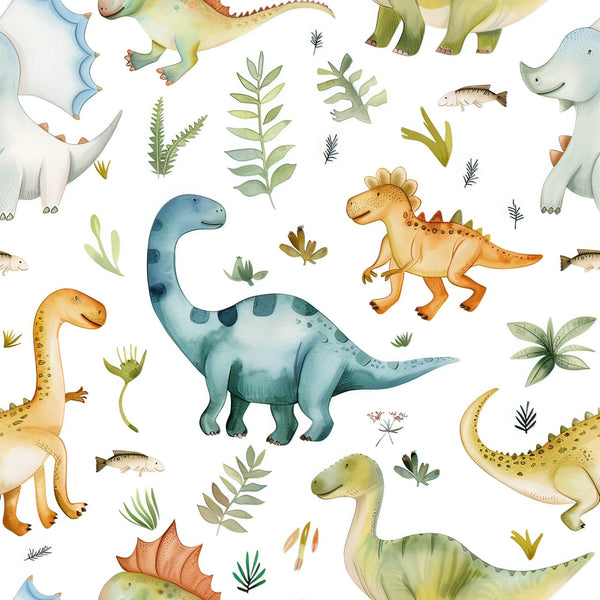 watercolor dinosaurs, prehistoric creatures, soft pastels, sage green, dusty blue, warm orange, cream background, botanical elements, fern leaves, palm fronds, gentle watercolor style,, fabric panel, children's theme, nursery design, whimsical illustration, nature motifs, seamless pattern, soft textures, playful dinosaurs