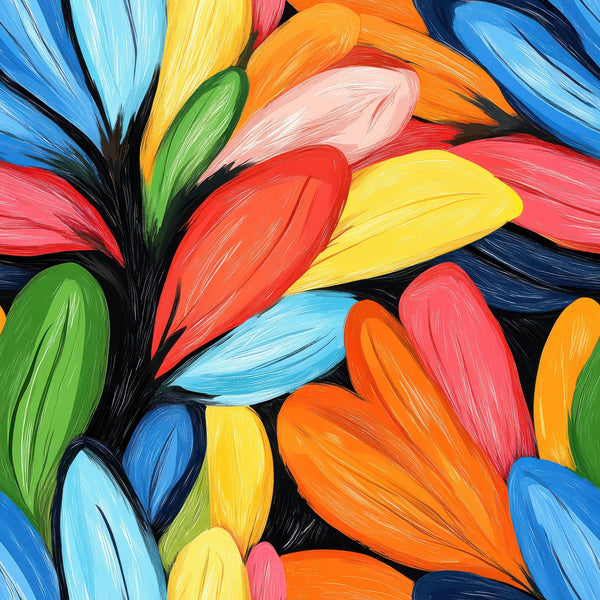 vibrant florals, multicolor petals, abstract flowers, rainbow colors, orange, yellow, blue, green, red, pink, brushstroke texture, painterly style, artistic blooms,, fabric panel, floral motifs, contemporary art, colorful botanicals, modern design, textile art