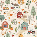 autumn farmhouse, burnt orange, cream, farmhouse style, fall harvest, fall season, flowers, forest green, garden, harvest theme, hay wagon, pumpkins, red barn, rustic, sage green, sunflowers, tan, tractor, trees, whimsical, wooden fence, nature, countryside, pastoral, cottage core, seasonal, fall decor, kids room, nursery