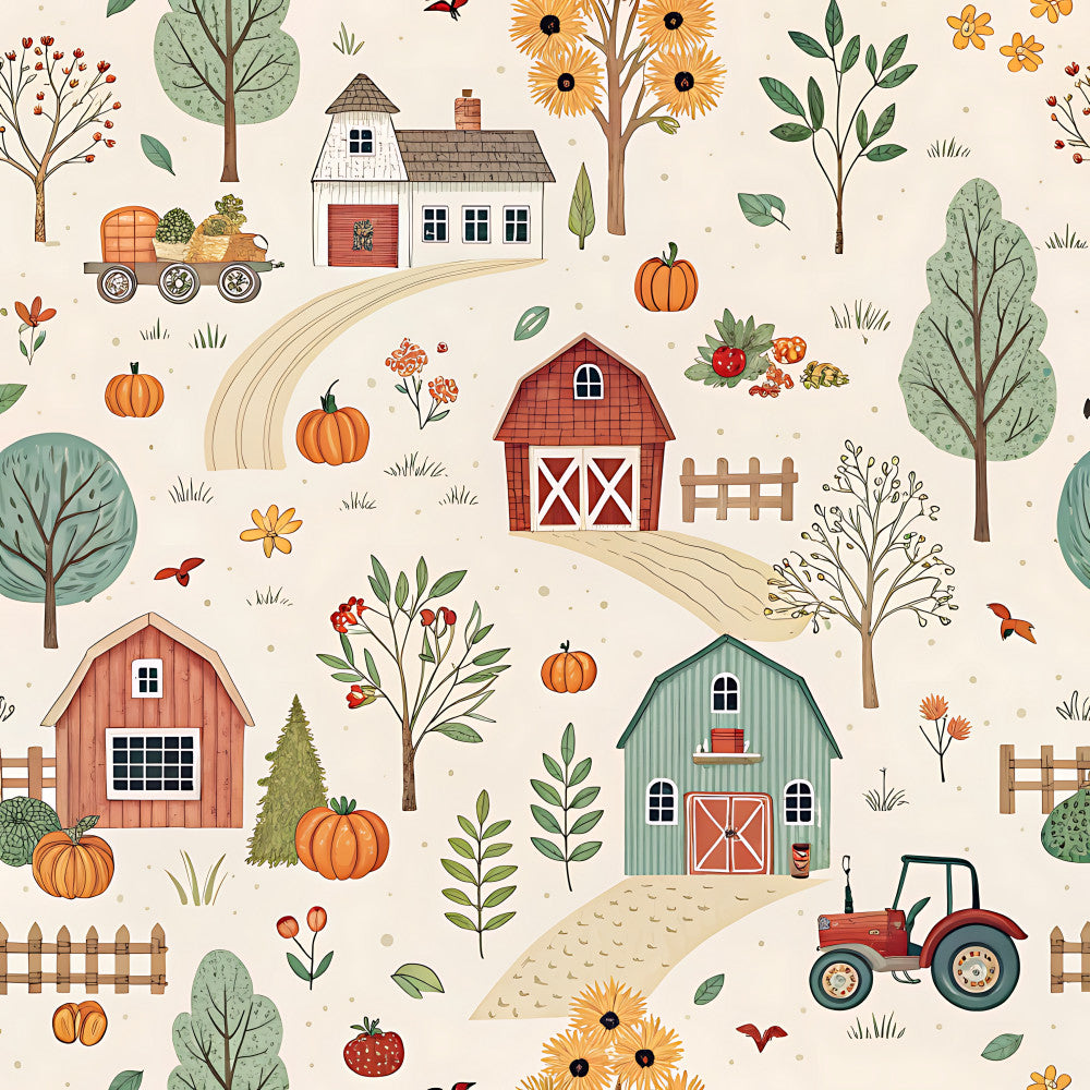 autumn farmhouse, burnt orange, cream, farmhouse style, fall harvest, fall season, flowers, forest green, garden, harvest theme, hay wagon, pumpkins, red barn, rustic, sage green, sunflowers, tan, tractor, trees, whimsical, wooden fence, nature, countryside, pastoral, cottage core, seasonal, fall decor, kids room, nursery