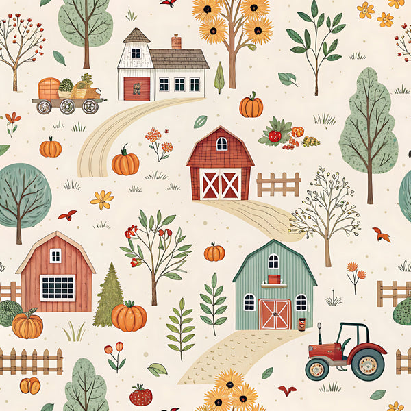 autumn farmhouse, burnt orange, cream, farmhouse style, fall harvest, fall season, flowers, forest green, garden, harvest theme, hay wagon, pumpkins, red barn, rustic, sage green, sunflowers, tan, tractor, trees, whimsical, wooden fence, nature, countryside, pastoral, cottage core, seasonal, fall decor, kids room, nursery