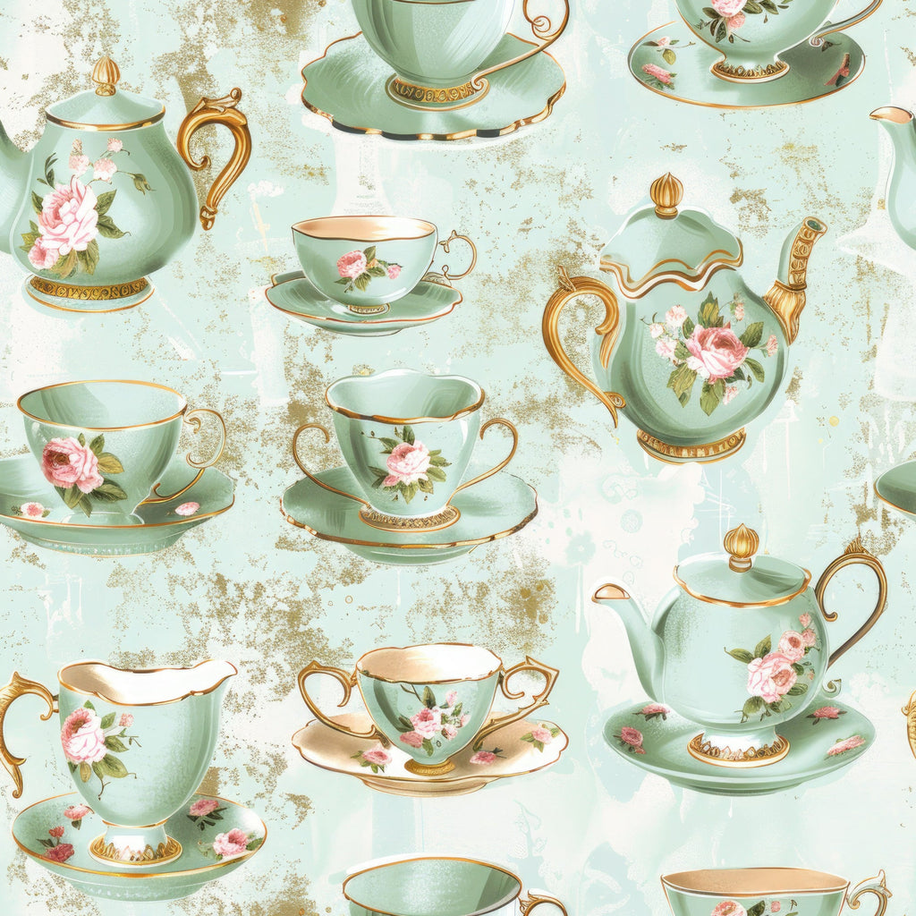 mint green, sage green, gold accents, pink roses, floral motifs, teacups, teapots, saucers, tea party, vintage china, elegant handles, ornate details, whimsical pattern,, fabric panel, shabby chic, romantic style, delicate florals, distressed background, repeating motifs