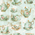 mint green, sage green, gold accents, pink roses, floral motifs, teacups, teapots, saucers, tea party, vintage china, elegant handles, ornate details, whimsical pattern,, fabric panel, shabby chic, romantic style, delicate florals, distressed background, repeating motifs