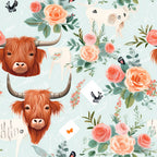 highland cows, handdrawn illustration, orange roses, pink flowers, coral blooms, peach florals, sage green leaves, cream background, butterflies, birds, floral pattern, pastoral design, whimsical art style,, fabric panel, rustic charm, farmhouse aesthetic, botanical elements, soft watercolor, nature motifs