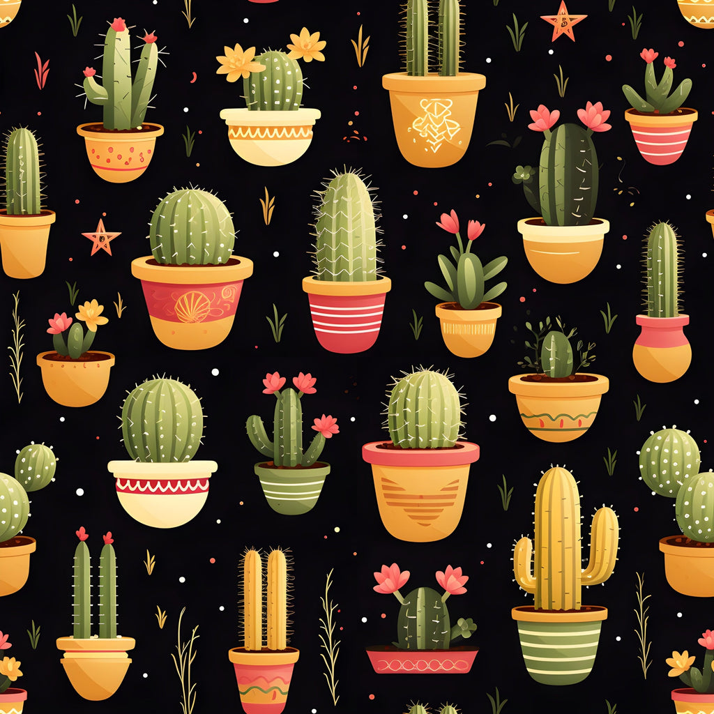 retro cactus pattern,, fabric panel, black background, green cacti, orange terracotta pots, pink coral flowers, yellow golden accents, potted plants, succulent garden, desert theme, southwestern style, botanical illustration, decorative pots, spiky plants, blooming cacti, geometric pottery, vintage inspired, crafting fabric, sewing material