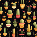 retro cactus pattern,, fabric panel, black background, green cacti, orange terracotta pots, pink coral flowers, yellow golden accents, potted plants, succulent garden, desert theme, southwestern style, botanical illustration, decorative pots, spiky plants, blooming cacti, geometric pottery, vintage inspired, crafting fabric, sewing material