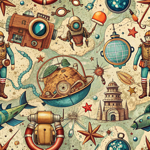 steampunk, vintage nautical, sea exploration, diving helmet, submarine, underwater vessel, brass compass, maritime equipment, ocean adventure, retro diving gear, mechanical fish, sea stars, aqua blue, copper brown, burnt orange, cream background,, fabric panel, whimsical illustration, adventure theme