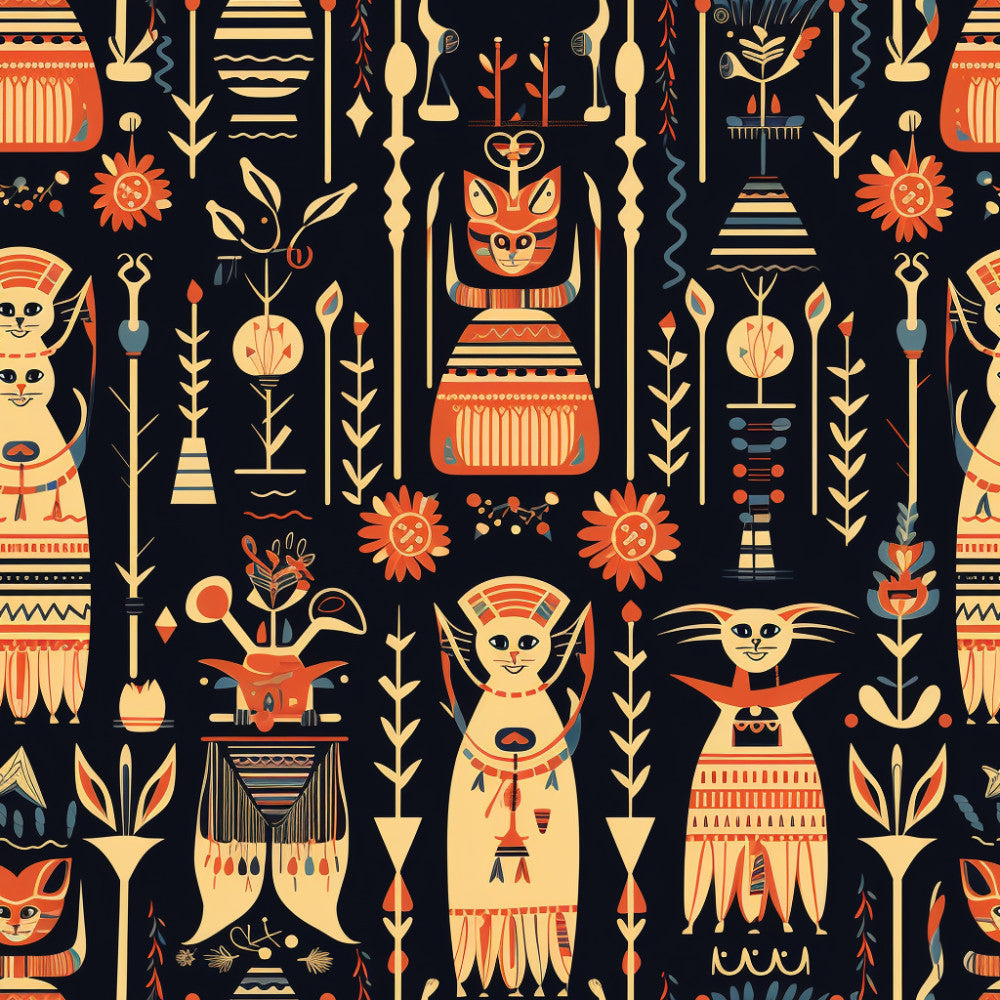 navy blue, cream, golden yellow, burnt orange, red-orange, coral, egyptian, pharaoh, cat, feline, sun motifs, geometric, art deco, vintage, ancient egypt, hieroglyphics, ornamental, decorative, whimsical, playful, mystical, ethnic, cultural, dark background, bold patterns, symmetrical, nature-inspired, celestial, tropical, boho