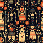 navy blue, cream, golden yellow, burnt orange, red-orange, coral, egyptian, pharaoh, cat, feline, sun motifs, geometric, art deco, vintage, ancient egypt, hieroglyphics, ornamental, decorative, whimsical, playful, mystical, ethnic, cultural, dark background, bold patterns, symmetrical, nature-inspired, celestial, tropical, boho