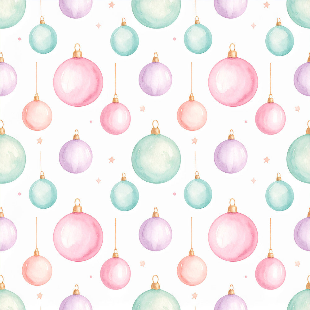 pastel pink, mint green, lavender purple, soft coral, rose gold, christmas ornaments, holiday baubles, festive, whimsical, celestial stars, sparkly, elegant, nursery, baby shower, kids room, playroom, decorative balls, hanging ornaments, winter holiday, christmas theme, soft watercolor, gentle, dreamy, magical, seasonal, celebration, ornament design, gold accents, precious metals