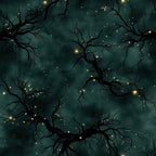 teal, dark green, forest green, deep teal, gold, warm white, celestial, night sky, stars, fireflies, magical, mystical, enchanted, whimsical, elegant, nature, trees, branches, bare trees, glowing lights, fantasy, ethereal, dreamy, nighttime, dark academia, gothic, moody, sophisticated, cozy, peaceful
