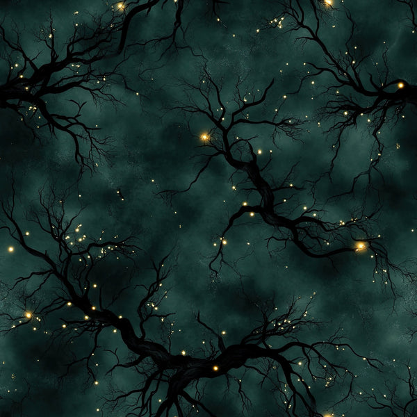 teal, dark green, forest green, deep teal, gold, warm white, celestial, night sky, stars, fireflies, magical, mystical, enchanted, whimsical, elegant, nature, trees, branches, bare trees, glowing lights, fantasy, ethereal, dreamy, nighttime, dark academia, gothic, moody, sophisticated, cozy, peaceful