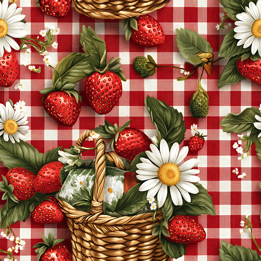 red gingham, white checkered, strawberries, wicker baskets, white daisies, green leaves, country style, picnic theme,, fabric panel, summer motif, botanical design, red berries, cottage core, pastoral scene, rustic charm, floral elements, checkered background, fruit pattern, vintage inspired