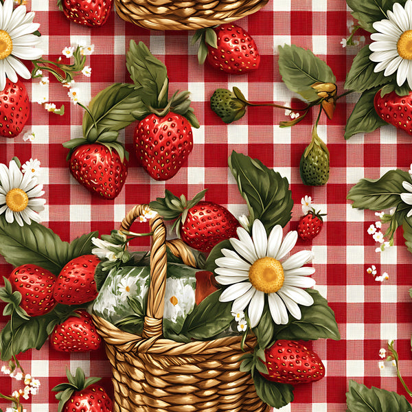 red gingham, white checkered, strawberries, wicker baskets, white daisies, green leaves, country style, picnic theme,, fabric panel, summer motif, botanical design, red berries, cottage core, pastoral scene, rustic charm, floral elements, checkered background, fruit pattern, vintage inspired