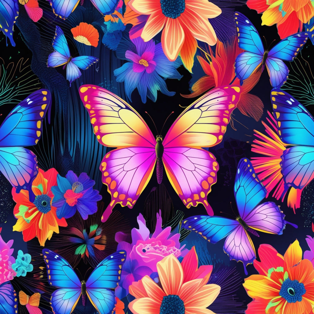 butterflies, tropical flowers, vibrant colors, electric blue, hot pink, orange, purple, yellow, neon colors, fantasy pattern, floral design, morpho butterflies, exotic blooms,, fabric panel, bright florals, colorful wings, tropical theme, artistic illustration, vivid hues