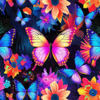 butterflies, tropical flowers, vibrant colors, electric blue, hot pink, orange, purple, yellow, neon colors, fantasy pattern, floral design, morpho butterflies, exotic blooms,, fabric panel, bright florals, colorful wings, tropical theme, artistic illustration, vivid hues