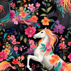 colorful, vibrant, black background, coral pink, hot pink, magenta, orange, golden yellow, teal, turquoise, purple, lavender, floral, flowers, horse, unicorn, botanical, nature, whimsical, magical, playful, fantasy, spring, summer, kids room, nursery, playroom, artistic, contemporary, dreamy
