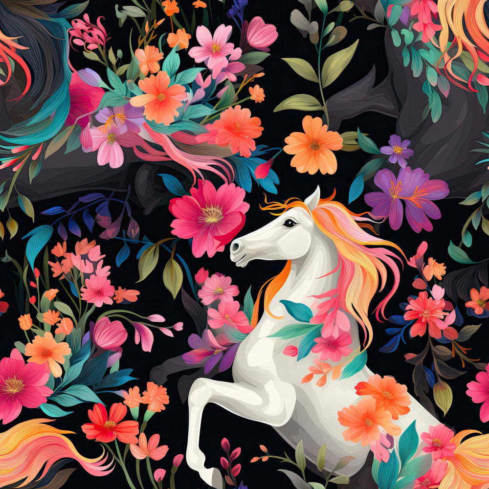 colorful, vibrant, black background, coral pink, hot pink, magenta, orange, golden yellow, teal, turquoise, purple, lavender, floral, flowers, horse, unicorn, botanical, nature, whimsical, magical, playful, fantasy, spring, summer, kids room, nursery, playroom, artistic, contemporary, dreamy