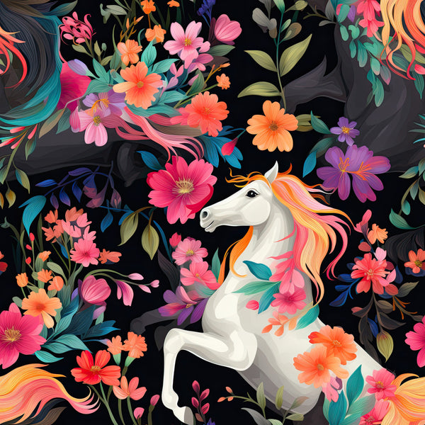 colorful, vibrant, black background, coral pink, hot pink, magenta, orange, golden yellow, teal, turquoise, purple, lavender, floral, flowers, horse, unicorn, botanical, nature, whimsical, magical, playful, fantasy, spring, summer, kids room, nursery, playroom, artistic, contemporary, dreamy