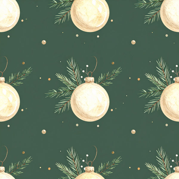 forest green, cream, gold, evergreen, pine branches, christmas ornaments, holiday, winter, festive, elegant, traditional, nature, botanical, celestial, sparkle, metallic accents, minimalist, sophisticated, neutral tones, evergreen foliage, ornament balls, decorative spheres, seasonal, gift-worthy, nursery, timeless, refined style, gentle aesthetic, warm metallic, pearl accents