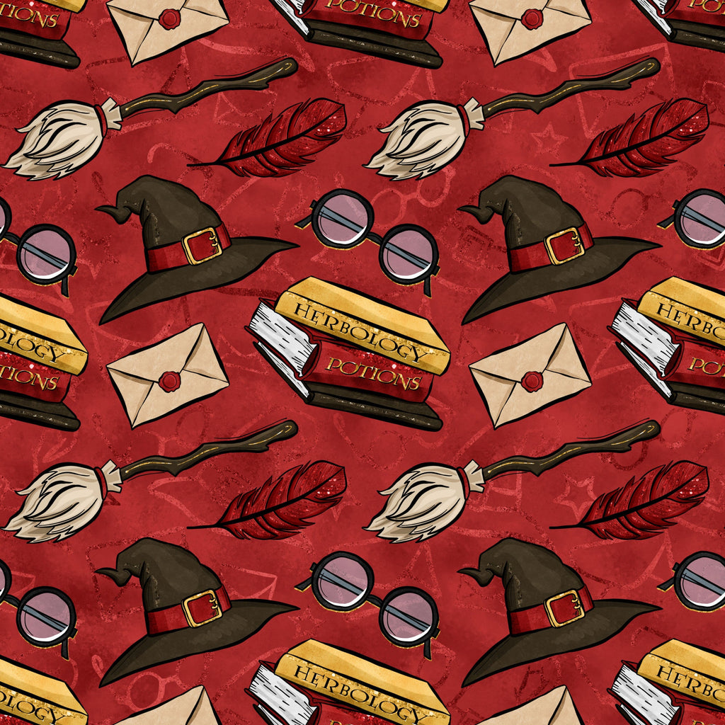 crimson red, burgundy, wizard hat, witch hat, broomstick, feather quill, round glasses, envelope, wax seal, herbology potions, magic books, repeating pattern, whimsical design, fantasy theme, magical elements,, fabric panel, school supplies, witchcraft accessories, seamless repeat