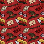crimson red, burgundy, wizard hat, witch hat, broomstick, feather quill, round glasses, envelope, wax seal, herbology potions, magic books, repeating pattern, whimsical design, fantasy theme, magical elements,, fabric panel, school supplies, witchcraft accessories, seamless repeat