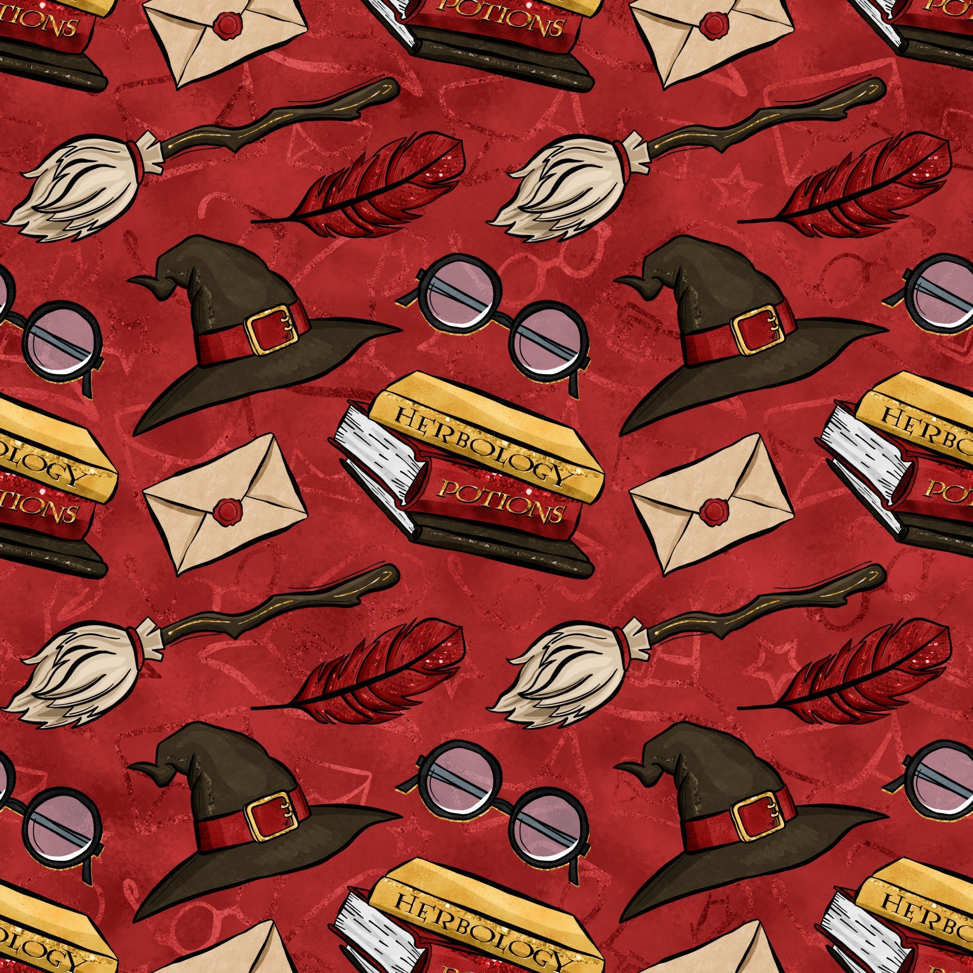 crimson red, burgundy, wizard hat, witch hat, broomstick, feather quill, round glasses, envelope, wax seal, herbology potions, magic books, repeating pattern, whimsical design, fantasy theme, magical elements,, fabric panel, school supplies, witchcraft accessories, seamless repeat