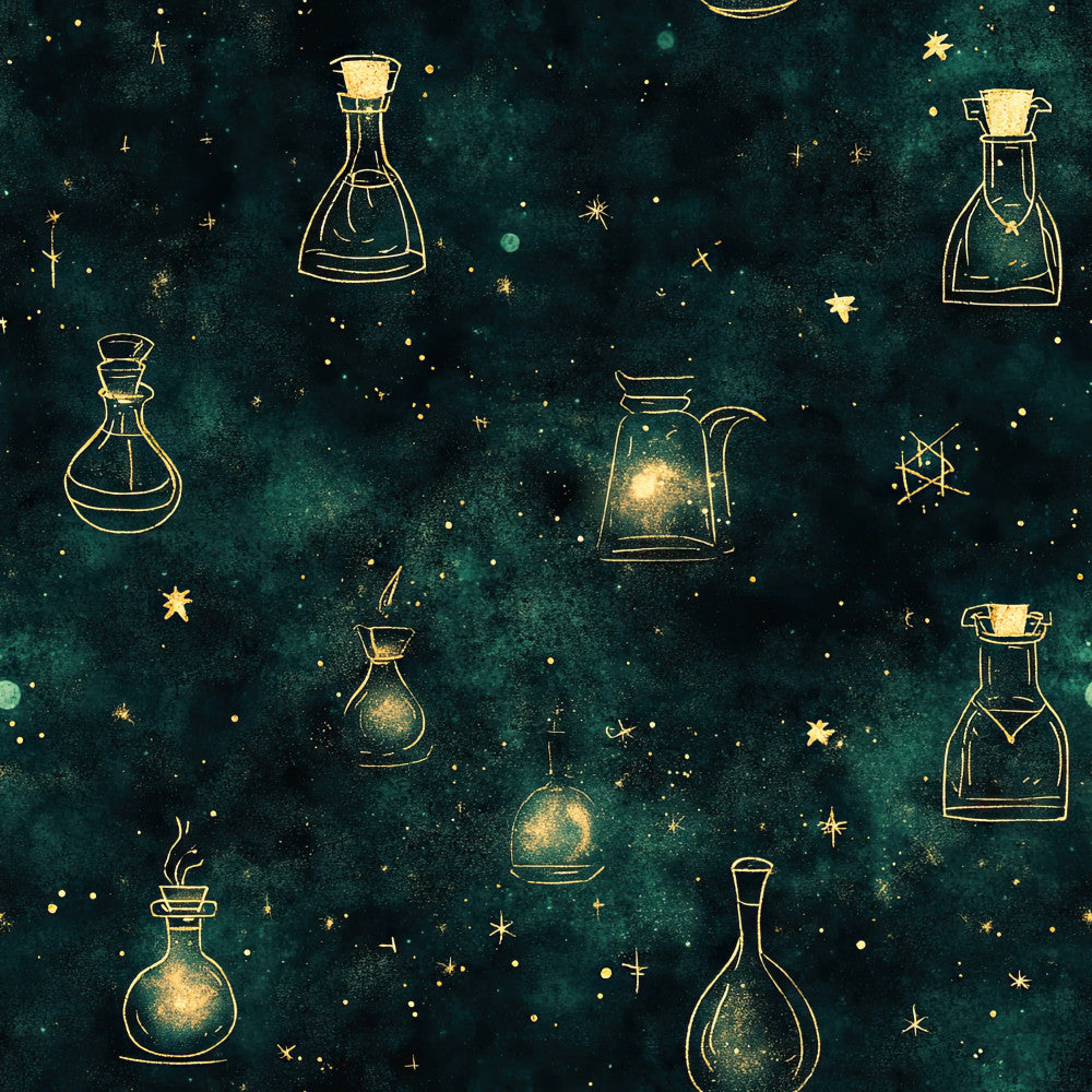 forest green, deep teal, gold, celestial, magical, stars, potion bottles, apothecary, witchy, mystical, whimsical, elegant, enchanted, fantasy, alchemy, spell bottles, sparkles, night sky, constellation, vintage apothecary, dark academia, gothic, boho, enchantment themed, nursery, kids room, magical creatures, starry night