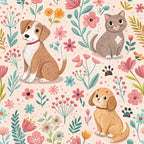 pink flowers, brown dog, gray cat, golden puppy, floral pattern, pet themed,, fabric panel, pastel colors, coral pink, teal green, yellow flowers, paw prints, cute animals, botanical elements, spring blooms, whimsical illustration, pet lovers, children's fabric, soft palette